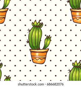 Cactus and succulents seamless pattern woth polka dots illustration
