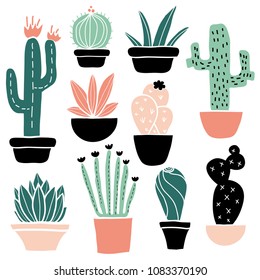 Cactus and succulents set, cute colorful hand drawn flower pots. Flat style, doodle home plants. Botany illustration. Vector. Isolated