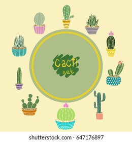 Cactus and succulents vector icon set. Exotic floral garden silhouettes.