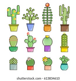Cactus and succulents vector line icon set. Exotic floral garden silhouettes. Nature cacti colorful design illustration. Graphic cartoon plant collection isolated