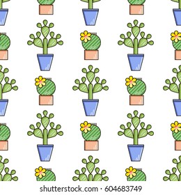Cactus and succulents vector line seamless pattern. Exotic floral garden silhouettes. 