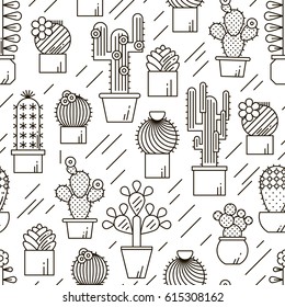 Cactus and succulents vector line seamless pattern. Exotic floral garden plants. Nature cacti outline design illustration. Graphic cartoon plant collection isolated