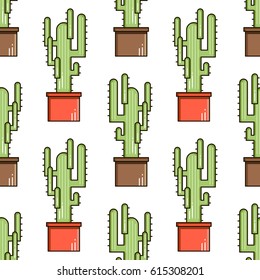 Cactus and succulents vector line seamless pattern. Exotic floral garden plants. Nature cacti colorful design illustration. Graphic cartoon plant collection isolated