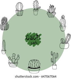 Cactus and succulents vector line silhouettes. Nature cacti outline design illustration. Graphic cartoon plant collection isolated