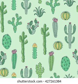 Cactus and succulents vector seamless pattern. Hand drawn cacti background