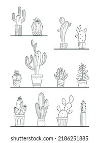 Cactus and succulents vector set. Outline cactus in a pot logo icon. Template for decorating designs and illustrations.