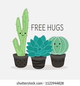 Cactus and succuletn cute vector. Kawaii style face illustration.