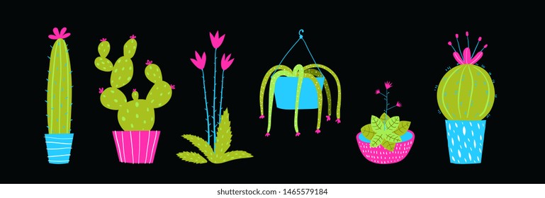 Cactus and succulets on black background isolated clip art. Potted Cacti flowers objects collection on black background. Hand drawn watercolor style colorful vector floral set.