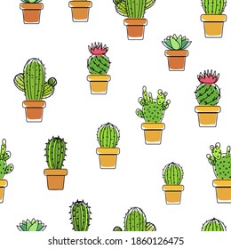 Cactus and suculent pots handmade cartoon ilustration black oulined, unfit colored, vector over white background,  seamless pattern	
