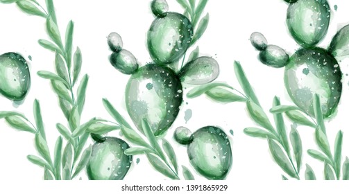 Cactus summer pattern Vector watercolor. Exotic dessert textures