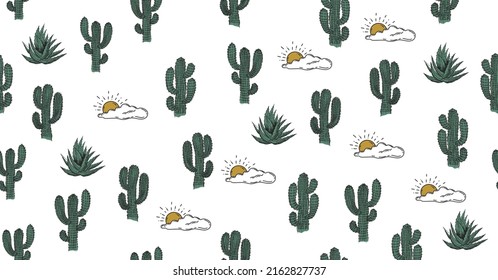 Cactus, sun and aloe hand drawn illustration, vector.
