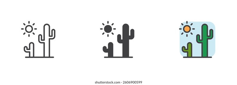 Cactus and sun different style icon set. Line, glyph and filled outline colorful version, outline and filled vector sign. Symbol, logo illustration. Vector graphics