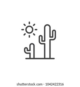 Cactus and sun outline icon. linear style sign for mobile concept and web design. Desert landscape simple line vector icon. Symbol, logo illustration. Pixel perfect vector graphics