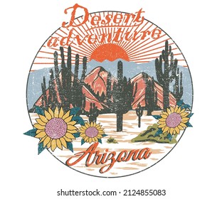 Cactus with sunflower print deign for t shirt, poster, batch, and others. Arizona desert vector artwork design.