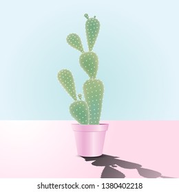 Cactus in sweet pink ceramic pot with light and shadow on sweet background. Cactus are succulents can live in extremely dry and hot environments. Vector illustration.