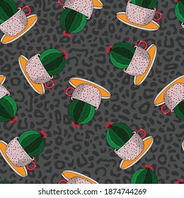 Cactus in a Teacup House Plant Vector  Seamless Pattern
