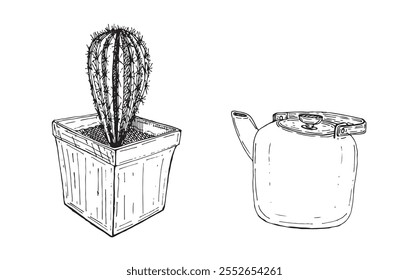 Cactus e Bule. 100% de imagem vetorial desenhada à mão.