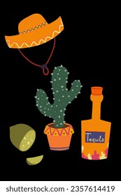 Cactus tequila hand drawn Mexican set