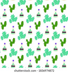 Cactus Tequila Seamless Pattern. Vector Illustration of Mexican Holiday Background.