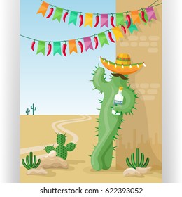 Cactus with tequila in sombrero. Funny greeting card template. Colorful flags, red chili peppers and desert mexican landscape with cacti. Flat style vector illustration.