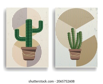 Cactus in terracotta pots . Boho art style . Vector illustration