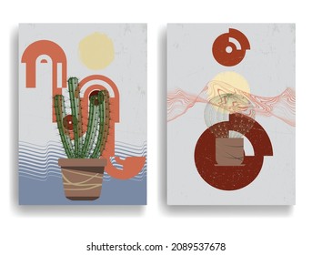 Cactus in terracotta pots . Boho art style . Vector illustration