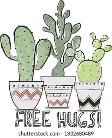 Cactus in Terracotta Pots Illustration with Free Hugs Slogan - Hand Drawn Watercolor Thorny Cacti Print Vector - Graphic Tee Pattern