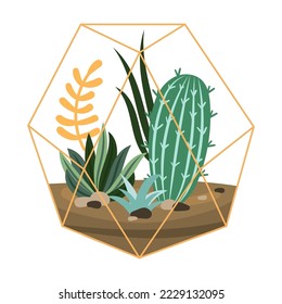 Cactus en el terrario. Dibujo vectorial de dibujos animados de Florarium. Planta de la casa, decoración, interior botánico, concepto de jardinería