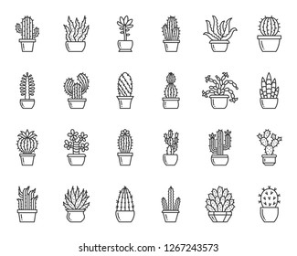 Cactus thin line icon set. Outline web sign kit of succulent. Home Plant linear icons of flower pot, mexican desert, mexico. Cacti simple black contour symbol isolated on white. Vector Illustration