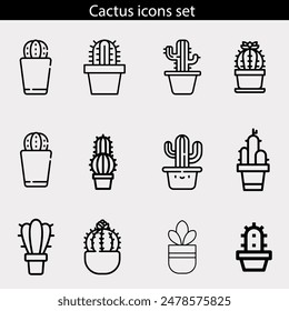 Cactus thin line icon set. Outline web sign kit of succulent. Home Plant linear icons of flower pot, mexican desert, mexico. Cacti simple black contour symbol isolated on white. Vector Illustration
