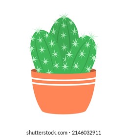 Cactus with thorns. Indoor green plant in a pot. Object and design element. Flat vector illustration isolated on white background