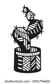 Cactus with thorns in a pot or pot in the shape of a cylinder. Home plant succulent cactus is drawn in a simple style in a vector. Black and white vector image of a cactus.