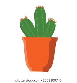 a cactus with three vertical ridges topped with small orange spines, set in an orange pot. Perfect for themes of desert plants, decor, and botanical aesthetics