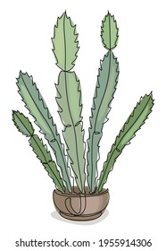 Cactus three-stem. Indoor potted plant in modern trendy single line style. Solid line, outline for decor, posters, stickers, logo. Vector illustration.