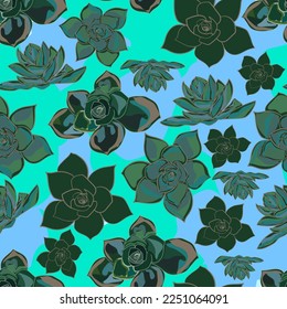 Cactus con fondo de color de corbata y tinte sin fisuras en el patrón de repetición vectorial. flores verdes sobre capas azules coloridas patrón vectorial sin costura. Diseño de patrones de superficie floral.