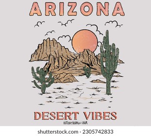 Cactus tree. Desert vibes vector t-shirt design. Desert mountain graphics print artwork. Feel the sunset design. 