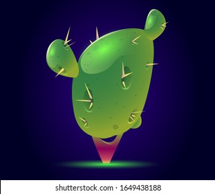 Cactus tree fantasy or alien magic unusual nature element for computer game, fairy tale book isolated on blue glowing background. Beautiful strange plant. Cartoon vector illustration, icon, clip art