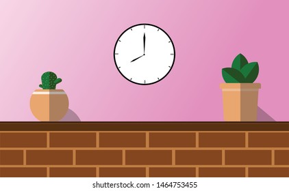 
The cactus tree on a brick and the floor of the flap with a clock