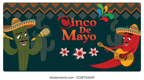 Cactus Tree plays maracas, chili plays guitar. Cinco de Mayo celebration with typical Mexican plants and food. Cinco de Mayo concept. Flat vector illustration.