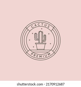 cactus tree in pot and star line art logo vector symbol illustration design