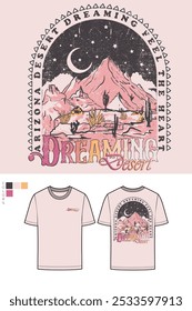 Projeto vetorial de árvore de cactos. Lua com arte estelar. Design de impressão colorido Arizona para t-shirt. Desert vibes design de arte para adesivo, cartaz, fundo, moda e outros.