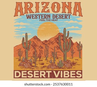 Cactus tree vector design. Sunshine artwork. Western desert artwork design for sticker, poster, background, fashion and others. Arizona vintage print design for t shirt.