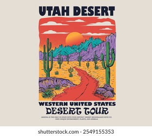 Cactus tree vector design. Sunshine artwork. Desert vibes artwork design for sticker, poster, background, fashion and others. Mountain artwork. Utah desert vintage print design for t shirt.	