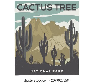 Cactus tree vintage vector graphic print design. Desert mountain and cactus artwork for t shirt print, poster, sticker, background and other uses.