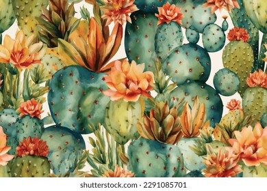 cactus, tropical background, watercolor painting. Seamless pattern, summer wallpaper
