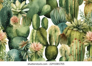 cactus, tropical background, watercolor painting. Seamless pattern, summer wallpaper