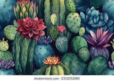 cactus, tropical background, watercolor painting. Seamless pattern, summer wallpaper