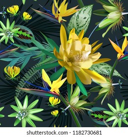 cactus tropical flowers and leaves,seamless pattern on the green background