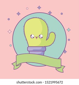 cactus tropical in frame circular with ribbon kawaii style vector illustration design