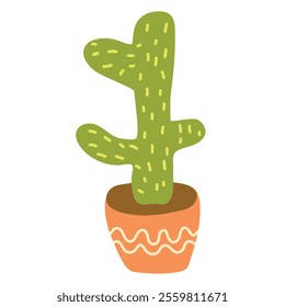 Cactus tropical house plant in home pot in organic flat doodle hand drawn style isolated element on white background